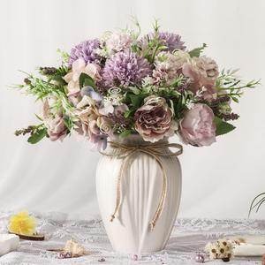 Peonies Artificial Flowers in Vase, Fake Hydrangea Silk Peony Flower Bouquet with Vase Faux Flowers Arrangement Decor Home Table Dining Room (Purple)