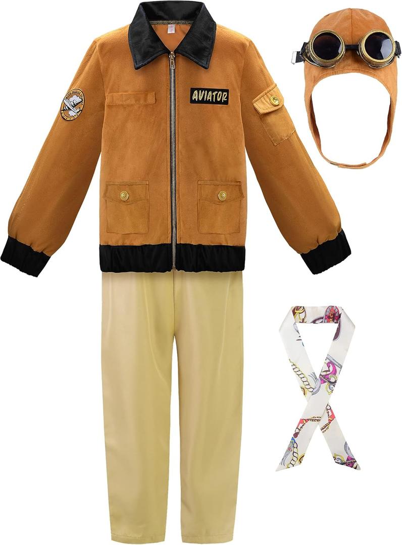 ReliBeauty Earhart Historical Costume Kids Aviator Costume for Girls with Hats, Glasses and Scarves,Yellow, Size 140