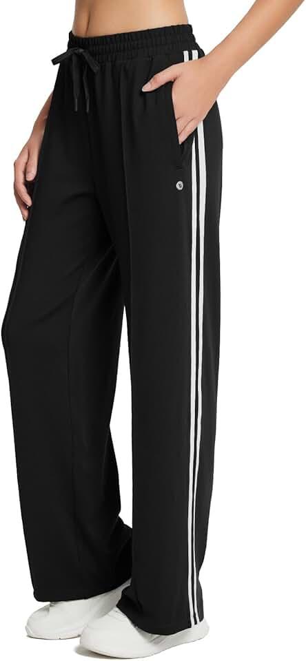 Baleaf Womens Track Pants Athletic Running Pants Sweatpants Straight Leg Zipper Pockets Sports Jogging Striped Loose Fit Black/ White L