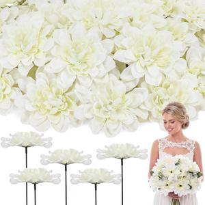 50 Pack White Artificial Dahlia Flowers 3.94" Silk Flower Heads with 7.87" Bendable Wire Stems Bulk Fake Dahlias for Wedding Bouquets, Centerpieces, Home & DIY Floral Arrangements
