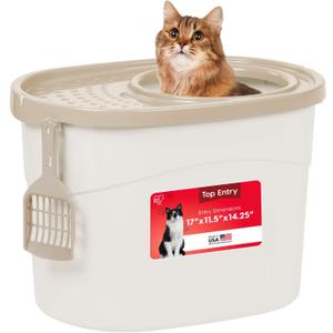 IRIS USA Cat Litter Box Large Top Entry with Lid Enclosed Covered Hooded Design Litter Catching Scatter Shield Pan Dog Proof Pet Proof Scoop Included Odor Control for Indoor Cats Kittens White/Beige