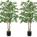 2 Pc Artificial Ficus Tree 4ft Silk Fake Ficus Leaves Plant 120cm Potted Faux Ficus Tree with Decorative Moss Dual Trunks Indoor Outdoor Faux Green Tree for Home Garden Office House Livingroom Dcor