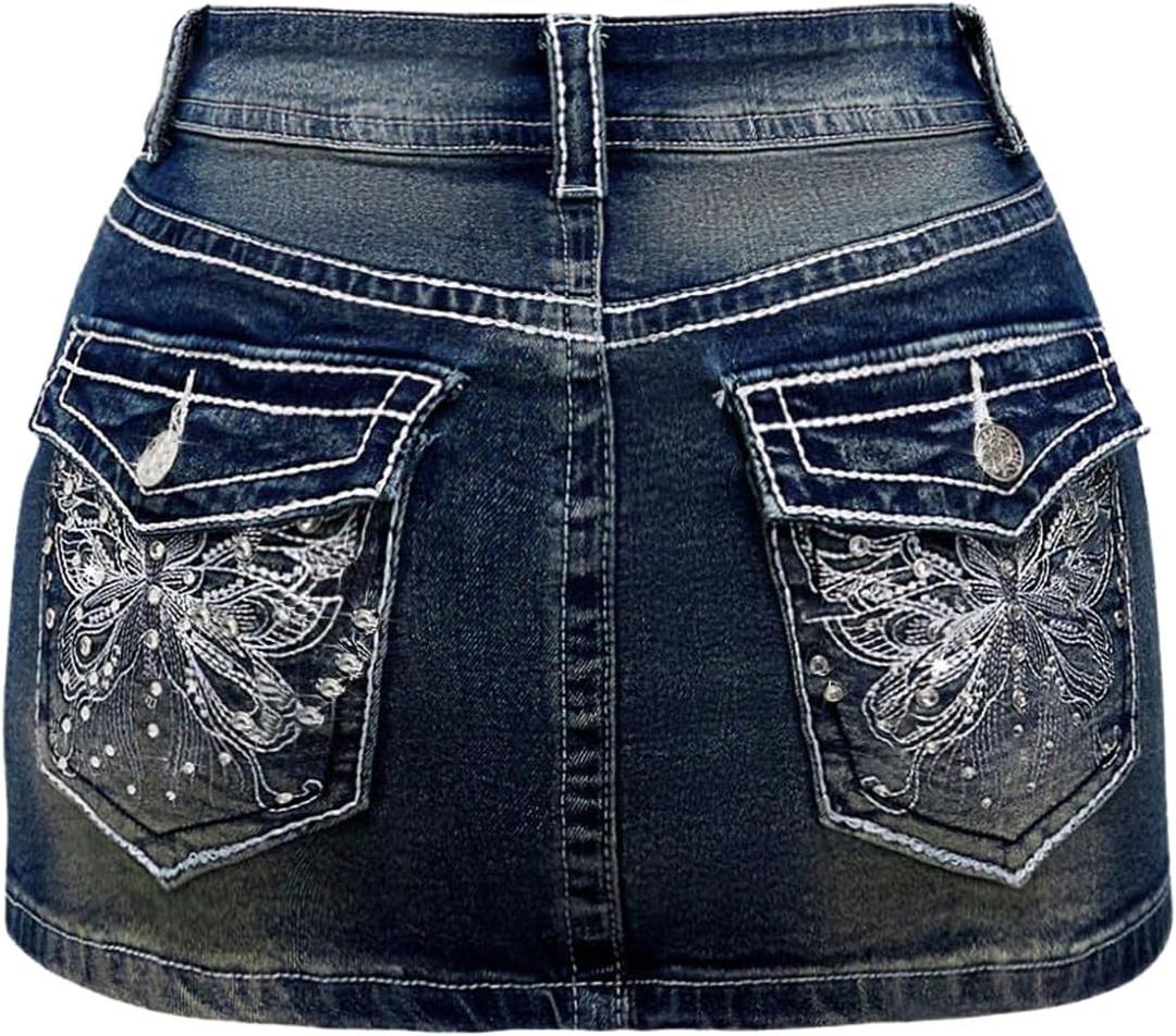 Floerns Women's Y2k Butterfly Denim Skirts Low Waist Stretch Bodycon Mini Skirt (Large, Blue)