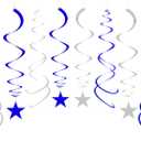 Party Star Swirl Decorations, Blue and Silver Foil Ceiling Hanging Star Swirl Decorations, Whirls Decorations for Birthday | Wedding | Anniversary | Graduation Party, Pack of 30
