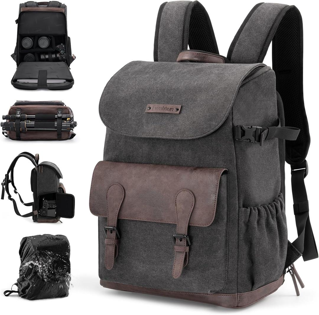 Cwatcun Canvas Camera Backpack, DSLR SLR Camera Bags for Photographers with Waterproof Rain Cover, Camera Case with Laptop Compartment & Tripod Holder for Canon Nikon Sony Fuji Camera & Lenses