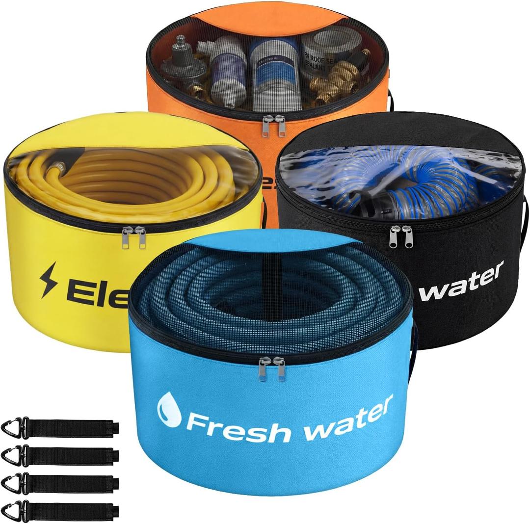 RV Sewer Hose Storage 4 Packs, Two-Way Zipper Closures and Visible Cover for RV Storage And Organization, Waterproof Accessories Bag for Garden Fresh Water Hoses Electrical Cords Camper Tools