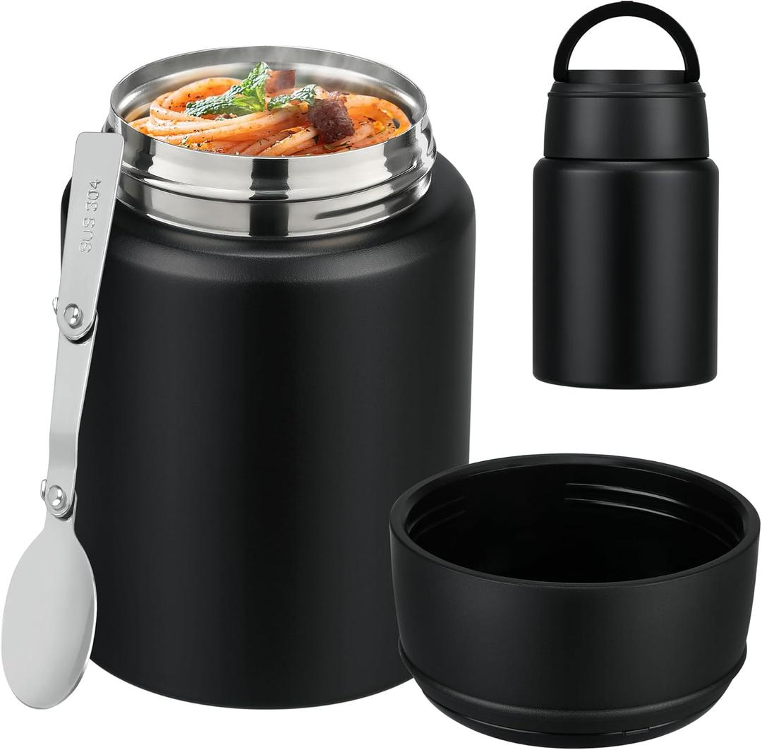 Soup Thermo for Hot Food Kids 16oz Insulated Food Jar Leakproof Thermo Lunch Container for Kids Wide-Mouth Stainless Steel Lunch Box for School with Handle Folding Spoon(3+)