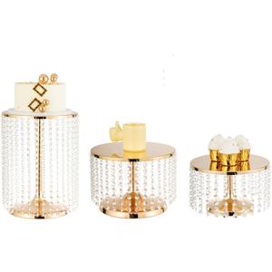Gold Cake Stand Set of 3, Metal Mirror Cake Stand Cake Pedestal With Crystal Pendants and Beads, Cupcake Candy Birthday Party Wedding Party Dessert Display Stands