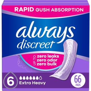 Always Discreet Adult Incontinence Pads for Women, Extra Heavy Absorbency, Regular Length, Postpartum Pads, 66 Count (2 Packs of 33)
