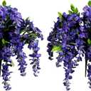 Admired By Nature 2pcs of 15 Stem Artificial Flowers Wisteria Hanging Plants Flowers for Outdoor, Fake Hanging Plant Baskets for Home Decor Wedding Garden Cemetery Flowers for Grave, Purple