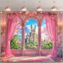 Fabric 10x8ft Pink Curtains Castle Photography Backdrop Window Room Floral Fairy Tale Background Girls Party Decorations Photo Booth Banner Tapestry
