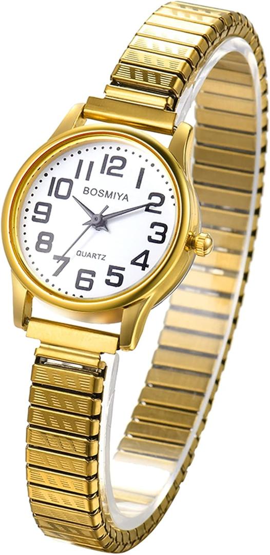 JewelryWe Women's Elastic Watch Easy Reader Analog Quartz Gold Silver Plated Stretch Band Wristwatch (6.29 in - 7.87in)