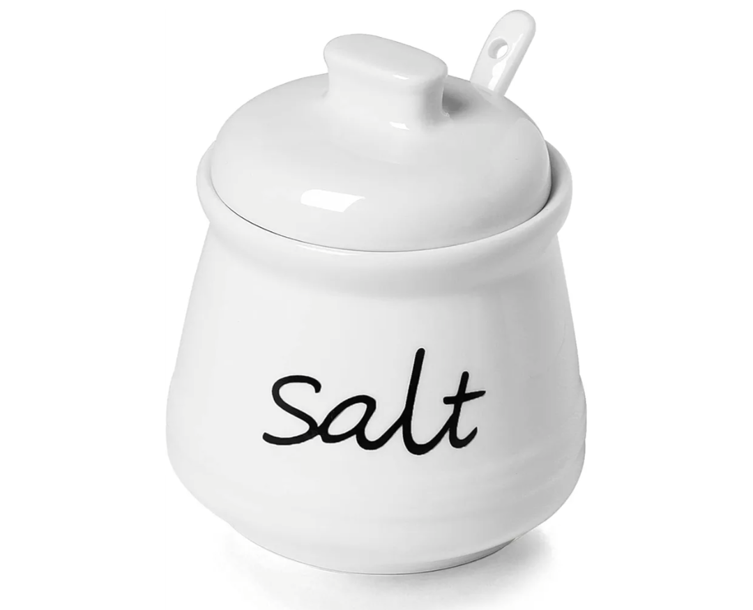 ONTUBE Ceramic Salt Bowl with Lid and Spoon 12oz (White)