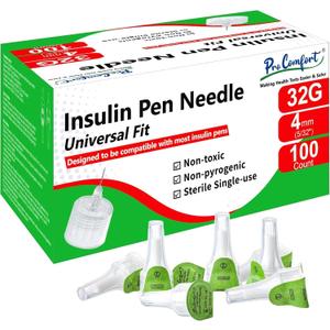 Pro Comfort 32G 4mm (1/4") Insulin Pen Needles, 100 Count, Universal Fit, Compatible with Most Insulin Injector Devices, Super Thin for Insulin Injections, Comfortable