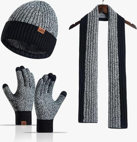 Winter Hats Scarf Set for Men Touchscreen Gloves Warm Knit Beanie Hat Scarves with Fleece Lined Cap (Black)