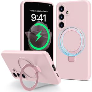 for Galaxy S25 Case with Stand, Slim Liquid Silicone Phone Cases for Samsung Galaxy S25 Compatible with MagSafe, Full Camera Protection Magnetic Kickstand Cover Case for Samsung S25, Pink