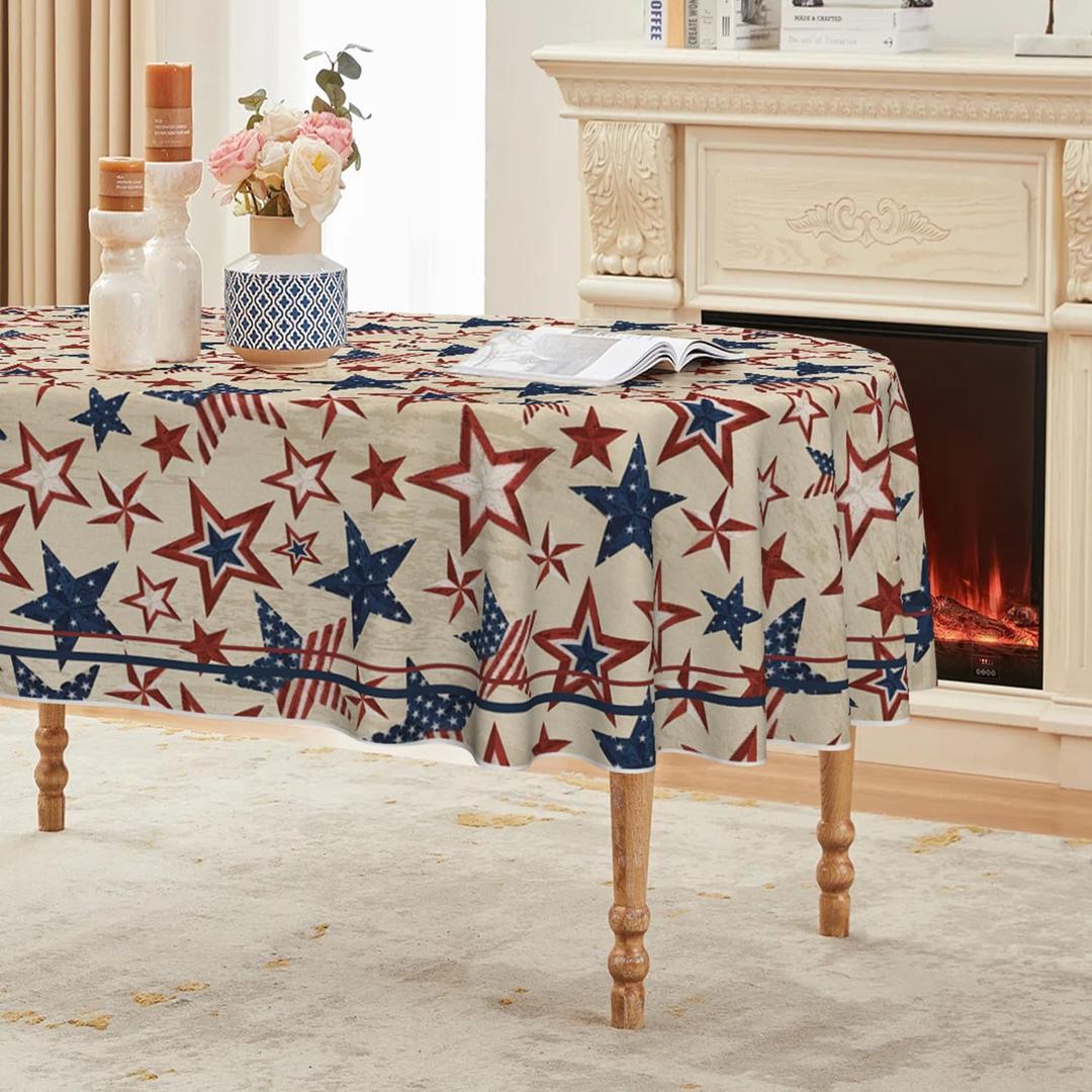 Horaldaily 4th of July Rectangular Tablecloth 60×84 Inch Oval, Patriotic Memorial Day Blue Red Star Independence Day Washable Table Cover for Party Picnic Dinner Decor