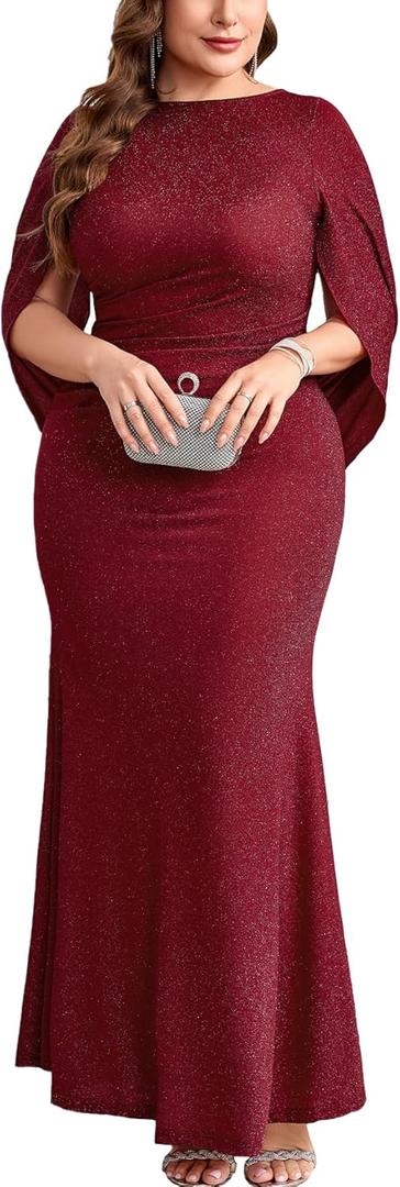 ZOMVA Plus Size Sparkly Glitter Mermaid Maxi Dress Sparkle Sequin Cape Sleeves Ruched Bodycon Dresses Cocktail Formal 3XL