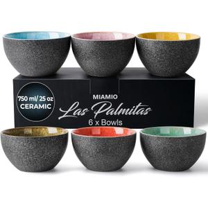 MIAMIO 25 Oz, Bowls Set of 6, Ceramic Bowl, Salad bowls, Soup Bowl, Cereal Bowl, Kitchen Bowls, Rice Bowls Microwave and Dishwasher safe Las Palmitas Collection
