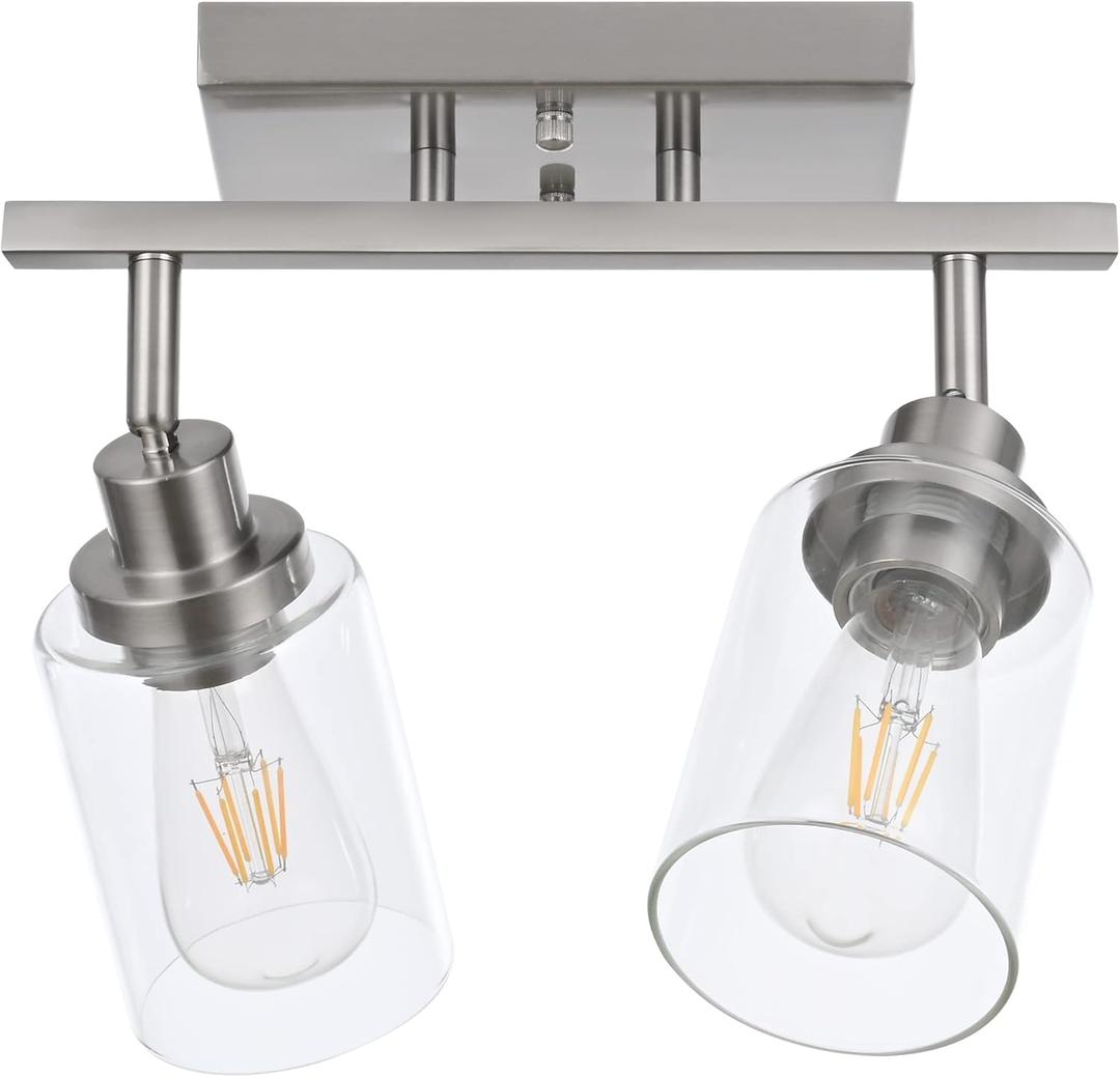 MELUCEE 2 Light Rotatable Track Lighting Kit Spotlight Semi Flush Mount Ceiling Light, Brushed Nickel Bathroom Lights Wall Scone for Hallway Porch Foyer Bath Storage, Clear Glass Shade