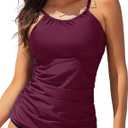 ANFILIA Womens Tankini Tops High Neck Bathing Suit Tops Slim Fit Ruched Swim Tops Only UPF50+ (Large, Purple)