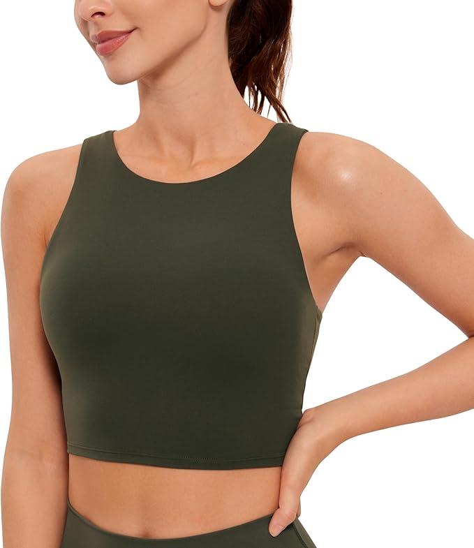 Efan YOGA Butterluxe Racerback Longline Sports Bras for Women - High Neck Padded Crop Workout Tank Top with Built in Pads L, Olive Green