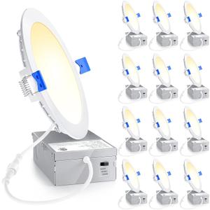 Ensenior 12 Pack 6 Inch LED Recessed Light, Dimmable, 3000K-5000K 3CCT, 1200LM High Brightness, 12W 120V, 3 Pin, ERL-12X-ETL, Damp Rated, Ultra-Thin Canless Wafer Ceiling Light - ETL & FCC & IC