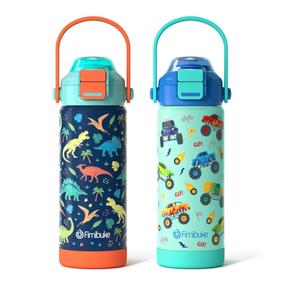 Kids Insulated Water Bottle with Pop-Open Straw & Spout 2-in-1 Lid, 18oz Leak Proof 18/8 Stainless Steel Vacuum Tumbler, BPA-Free Kids Cup For Travel School Boys Girls Toddler, Dinosaur & Monster Car