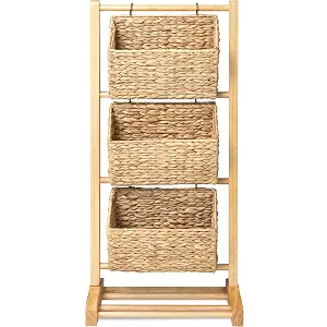 HOMESTEAD 3-Tier Wooden Shelf with Water Hyacinth Woven Baskets – Rattan Shelf Basket, Boho Room Decor, Wooden Book Shelf, Bathroom Storage Shelves, Kitchen, Laundry, Living Room (Natural)