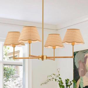 31 Boho Rattan Chandelier 4-Lights Rustic Adjustable Coastal Pendant Light for Kitchen Island Dining Living Room, UL Listed