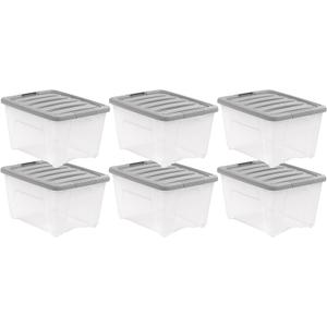 Amazon Basics Plastic Storage Containers with Secure Latching Lids, Stackable Organization Bins, Clear/Grey, 32 Quart, Set of 6
