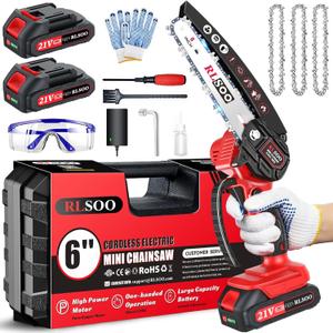 Mini Chainsaw, 6 Inch Mini Chainsaw Cordless, 2024 Upgraded Portable Handheld Small Chain saw for Wood Cutting, Tree Trimming, Courtyard, Household, and Garden (Includes 2 Batteries and 3 Chains) (Red)
