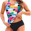 Tempt Me Two Piece Tankini Swimsuits for Women Tummy Control Bathing Suits High Neck Swim Top with Shorts Swimwear, M