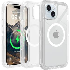 for iPhone 15, 14 & 13 Clear Case, Compatible with MagSafe, Anti-Yellowing, Shockproof, Dropproof, Heavy Duty Protection, Triple Layer Magnetic Phone Case Cover for 15/14/13, 6.1", Clear