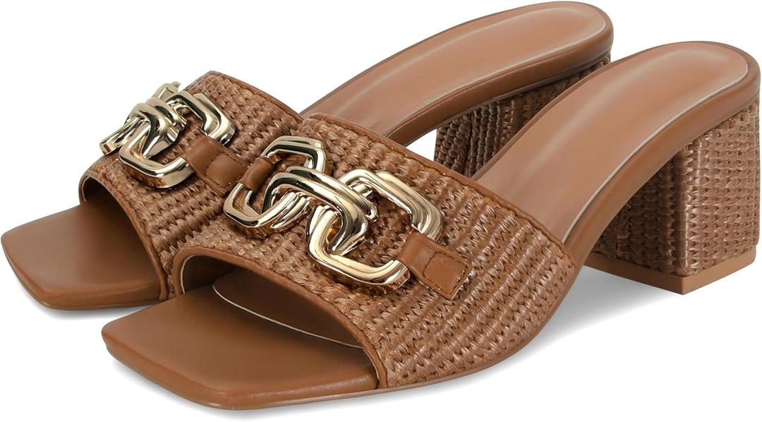 SOVANYOU Women's Raffia Sandals Square Toe Slip on Mules Comfortable Dressy Sandals Chunky Block Heels for Beach Party Vacation Shoes, Size 8.5