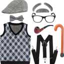 Kids 100 Days School Old Man Costumes Halloween Costume Dress up Outfit Accessories (8-10Year, Black)