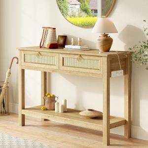 SUPERJARE Rattan Console Sofa Table with Outlets and USB-C Port, 2 Drawer Entryway Table with Synthetic Rattan Surface, 39 Inch, Open Shelf, Behind Couch Entry Foyer Hallway Storage, Natural, 11"d X 39.4"w X 31.5"h