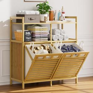 32 Gal Bamboo Tilt Out Laundry Hamper Cabinet with 2 Bag, Natural