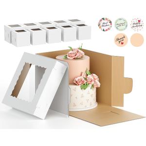 10Pcs Corrugated Cake Boxes in 2 Sizes  12x12x12 & 10x10x10 Inch Tall Cake Box with Window, Thick Bakery Dessert Boxes, Disposable Cardboard Cake Carrier for Layer Cakes, Birthday, Wedding, Party