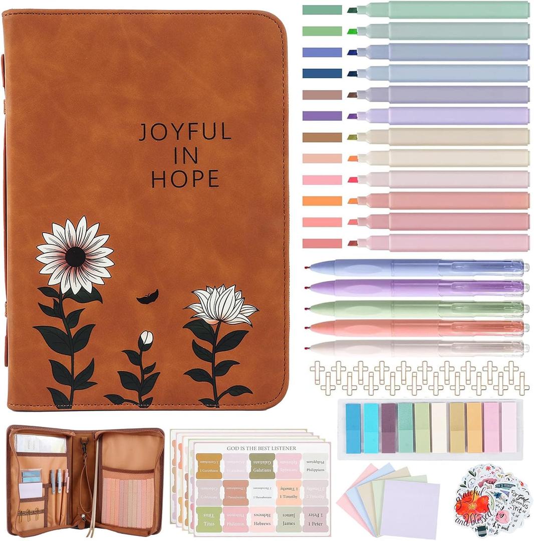 Leather Bible Cover Case with Durable Handle Quilted, Bible Journaling Kit, Bible Study Supplies & Christian Gift for Women and Teens