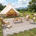 Garvee Waterproof Outdoor Rug 8x10, Scalloped Geometric Foldable Plastic Straw Patio Camping Rug, Outdoor RV Carpet for Deck Camper Porch Balcony Backyard Picnic Beach Gray Brown