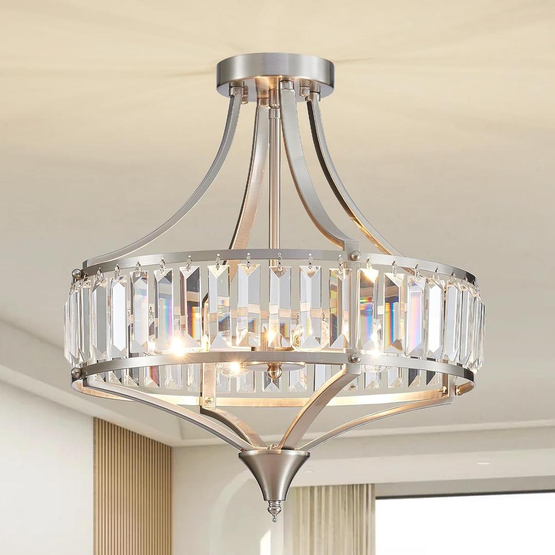 Brushed Nickel 4-Light Crystal Semi Flush Mount Ceiling Light Fixture Rustic Farmhouse Ceiling Lighting with Round Metal Shade Chandelier for Dining Room, Hallway, Bedroom, Foyer