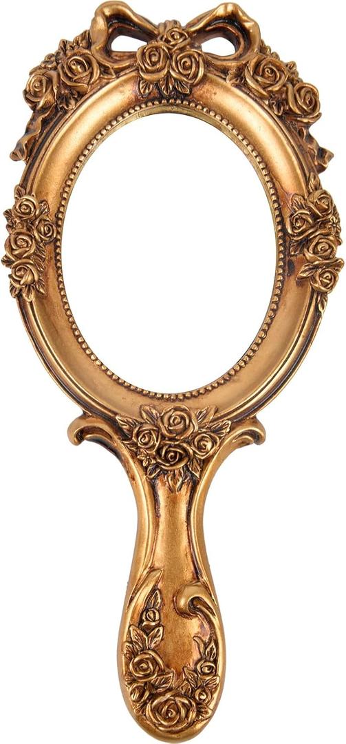 Nerien Vintage Handheld Mirror, Vanity Makeup Mirror with Handle, Antique Embossed Rose Princess Hand Mirror for Women, Portable Travel Packet Compact Mirrors, Decorative Cosmetic Handle Mirrors, Gold