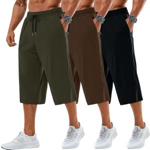 Neer 3 Pack Men's Baggy Capri Pants Plus Size Below Knee Casual 3/4 Shorts Big and Tall Summer Drawstring Pants with Pockets, Medium (Black, Brown, Army Green)