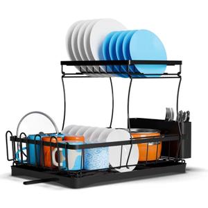 2-Tier Dish Drying Rack for Kitchen Counter, Dish Drainers for Kitchen Sink with Utensil Holder and Cutlery, Black Dish Rack from Stainless Steel with Rust Resistant, Space Saving, Size 17''L x 12''W