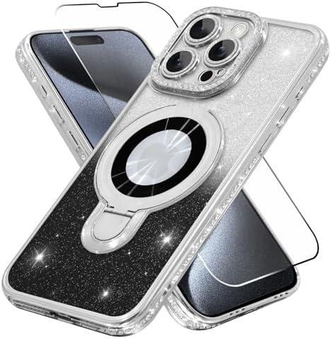ZIYE Magnetic for iPhone 15 Pro Case with Stand Glitter for Women Girl,[Compatible with Magsafe][Screen Protector] Sparkly Bling Diamond Designed for iPhone 15 Pro Case with Kickstand,Silver