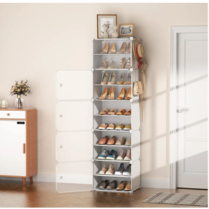 LANTEFUL 10 Tiers Tall Shoe Rack 20 Pair Shoe Organizer Narrow Shoe Rack with Door Portable Shoe Storage Cabinet with Hooks Sturdy Plastic White Shoe Shelf for Entryway and Bedroom