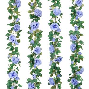TELDRASSIL 4Pcs(26 FT) Artificial Rose Vine Fake Flower Garland Fake Silk Rose Hanging Vine for Wedding Party Background Arch Garden Background Decoration (Blue)
