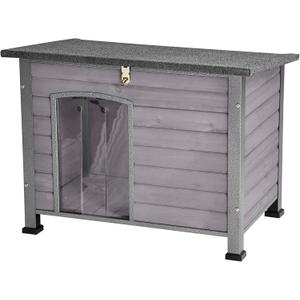 Indoor Outdoor Dog House,Anti-Chewing Iron Frame Dog Kennel,Wood Warm Pets Home,Weatherproof Outside Shelter for Feral Animal 33.5" (L) X 22" (W) X 25.2" (H) Grey