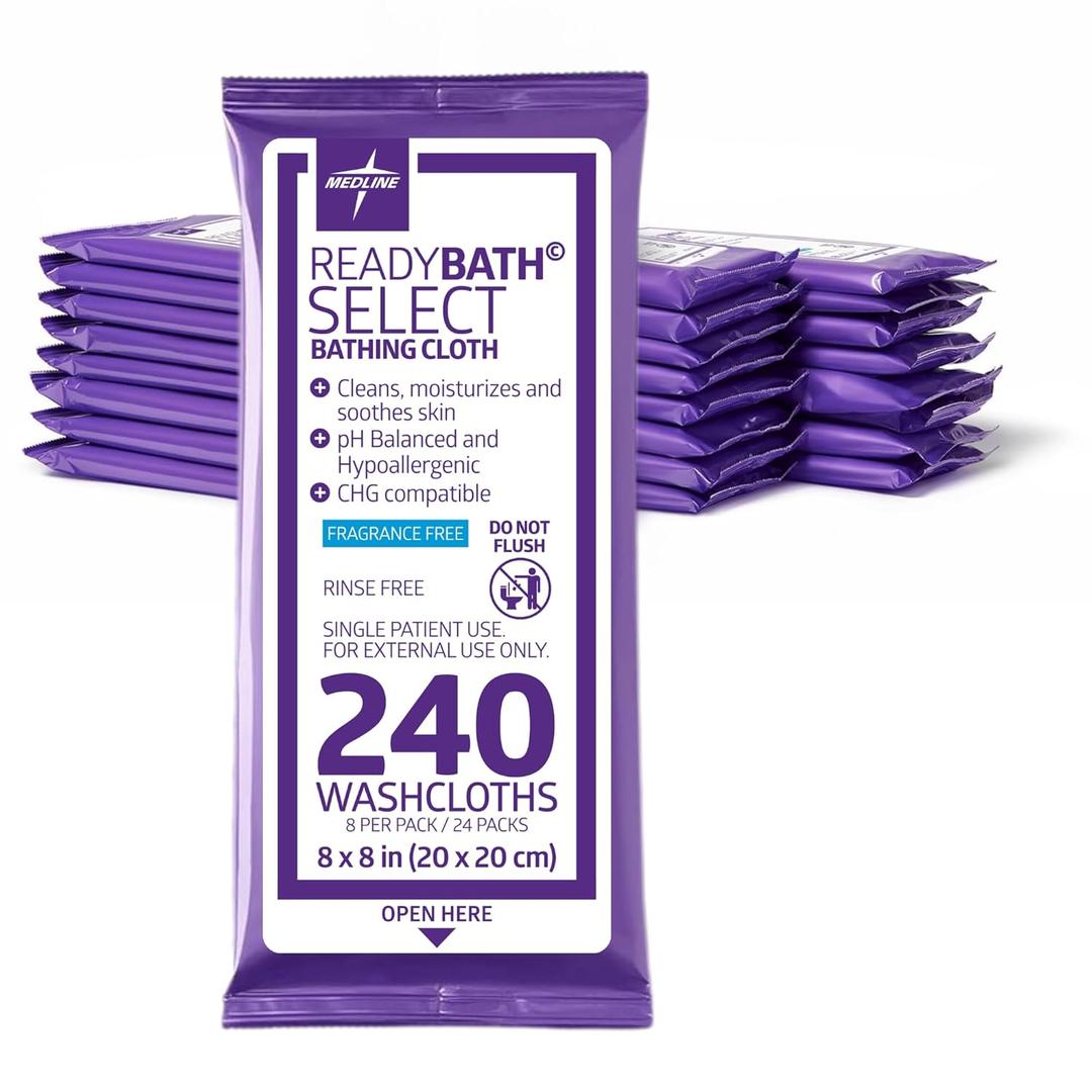 Medline Readybath Body Wipes, Shower and Bath for Adults, No Rinse Disposable Washcloths, Extra Thick, Hypoallergenic, Aloe-Infused, Unscented, 240 Count (30 Packs), 8x8 Inch
